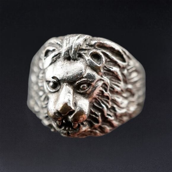 Vintage Jewelry - Goth Biker Lion Head Statement Ring Silver Tone Adjustable Open Band Size 9–9.5f